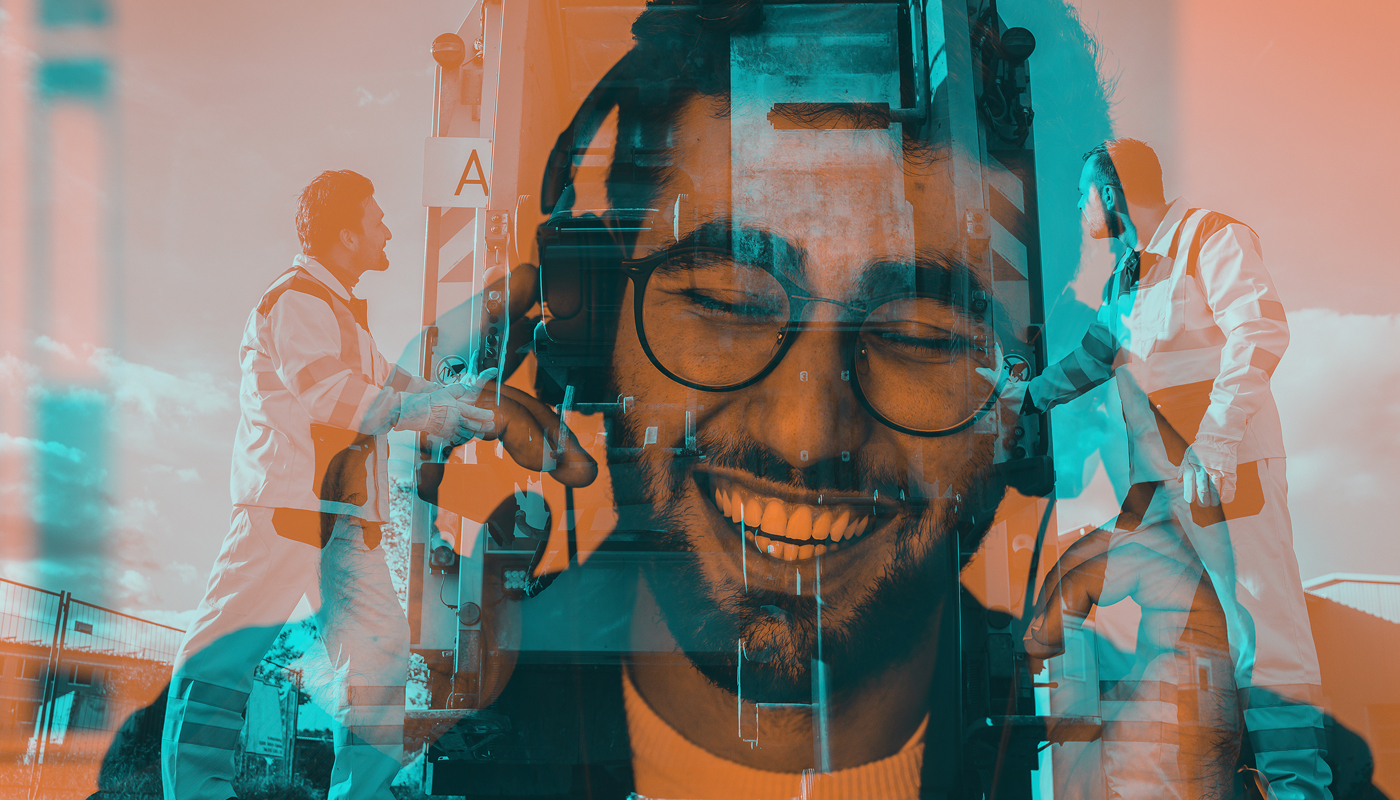 Man smiling with headphones and shown working as a bin man